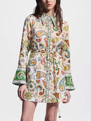 Exquisite Printed Flared Trumpet Sleeve Dress