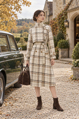 Autumn Winter Long Loose Warm Plaid Wool Blends Sleeve Belt Double Breasted Woolen Stylish Coat
