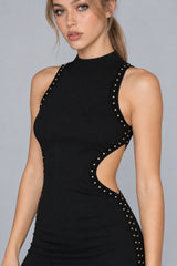 Sexy Eyelet Lace Up Crew Neck Solid Mini Dress