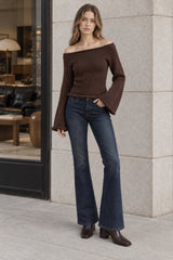 Solid Off Shoulder Rolled Edge Loose Knit Sweater