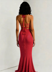 Solid Plunging Backless Slit Fitted Maxi Party Dress