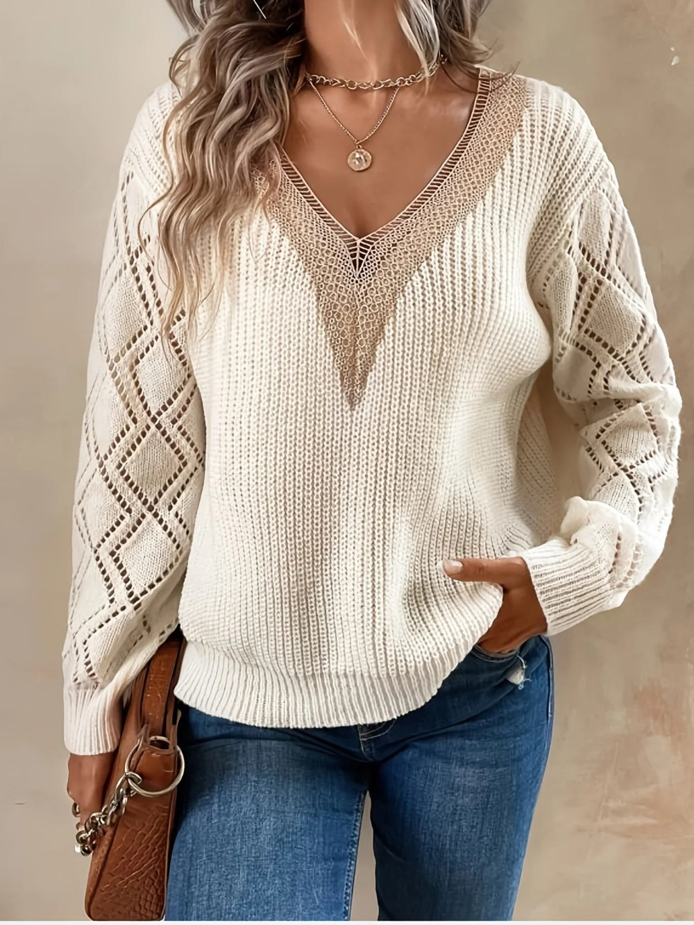 Solid V-Neck Hollow Out Knitted Sweater