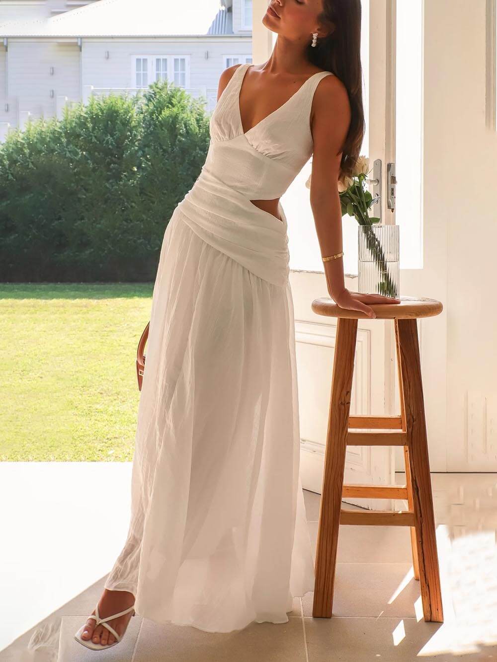 Backless Pleated V-Neck Splicing Maxi Dress
