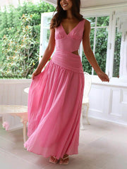 Backless Pleated V-Neck Splicing Maxi Dress