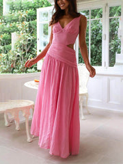 Backless Pleated V-Neck Splicing Maxi Dress