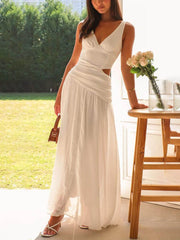 Backless Pleated V-Neck Splicing Maxi Dress