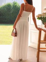 Backless Pleated V-Neck Splicing Maxi Dress