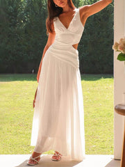 Backless Pleated V-Neck Splicing Maxi Dress