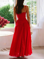 Backless Pleated V-Neck Splicing Maxi Dress