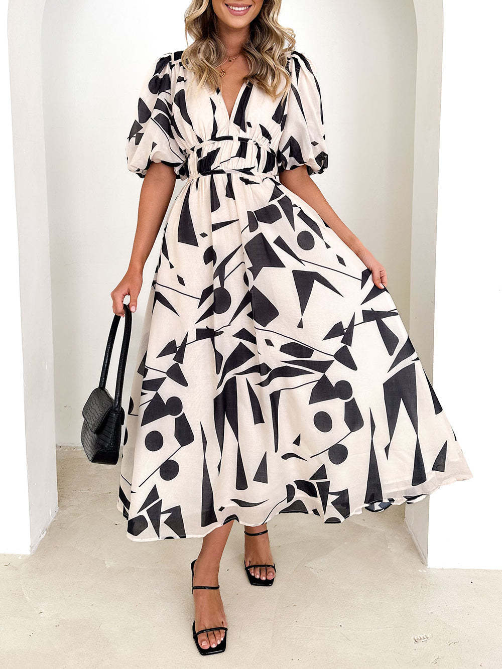 Beige Geometric Print Midi Dress