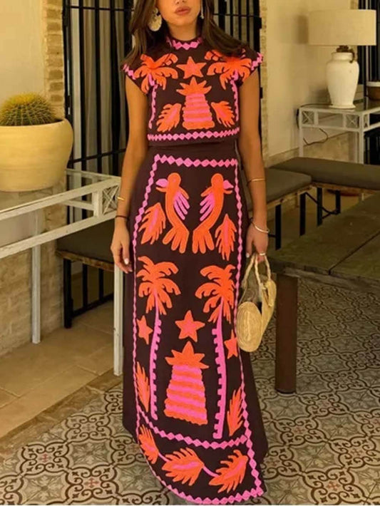 Vintage Print Split Hem Skirt Set