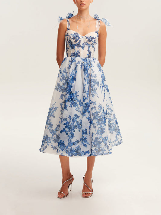 Tender Floral Tie-Strap Midi Dress