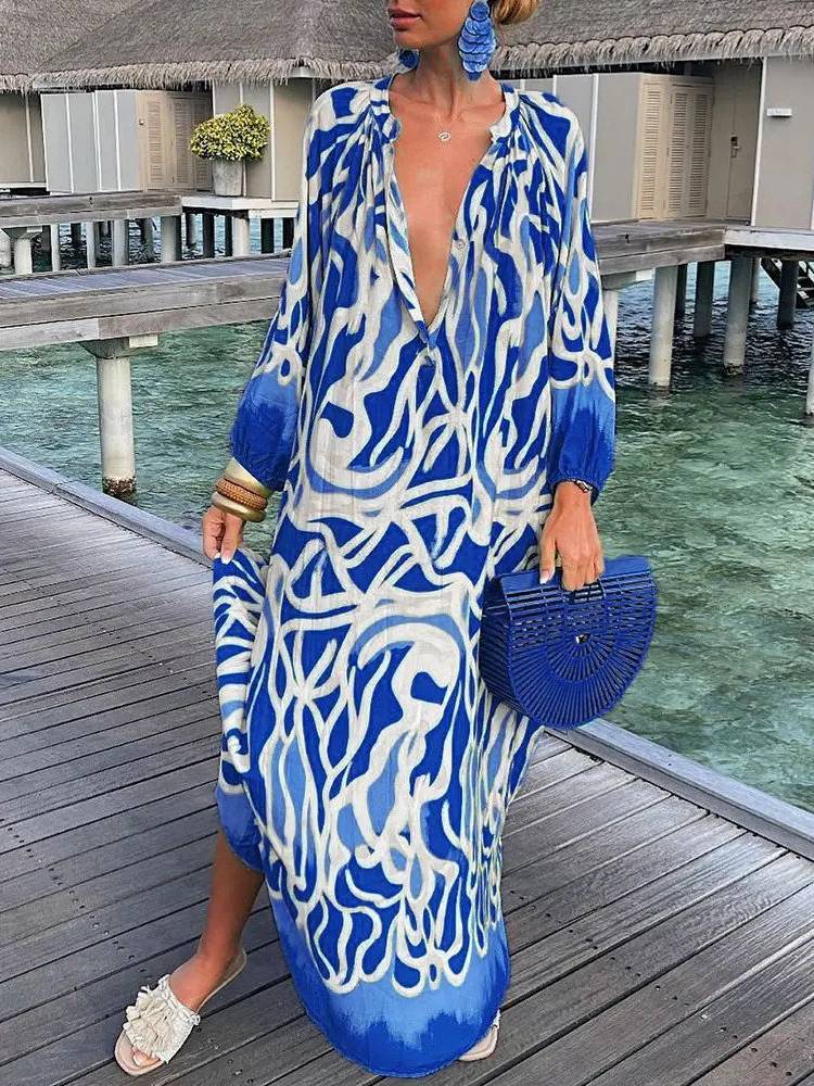 V-Neck Sexy Loose Long Sleeve Floral Dress