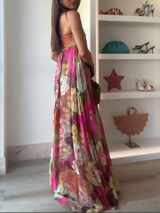 Fashionable French Strapless Floral Dress