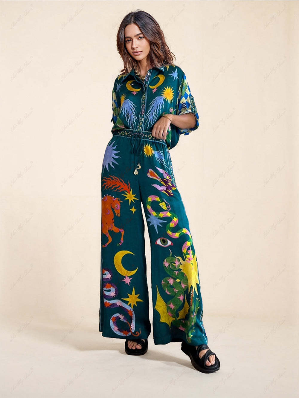 Print Wide Leg Pants Set with Pockets