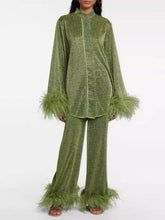 Feather Collar Shirt & Pants Set