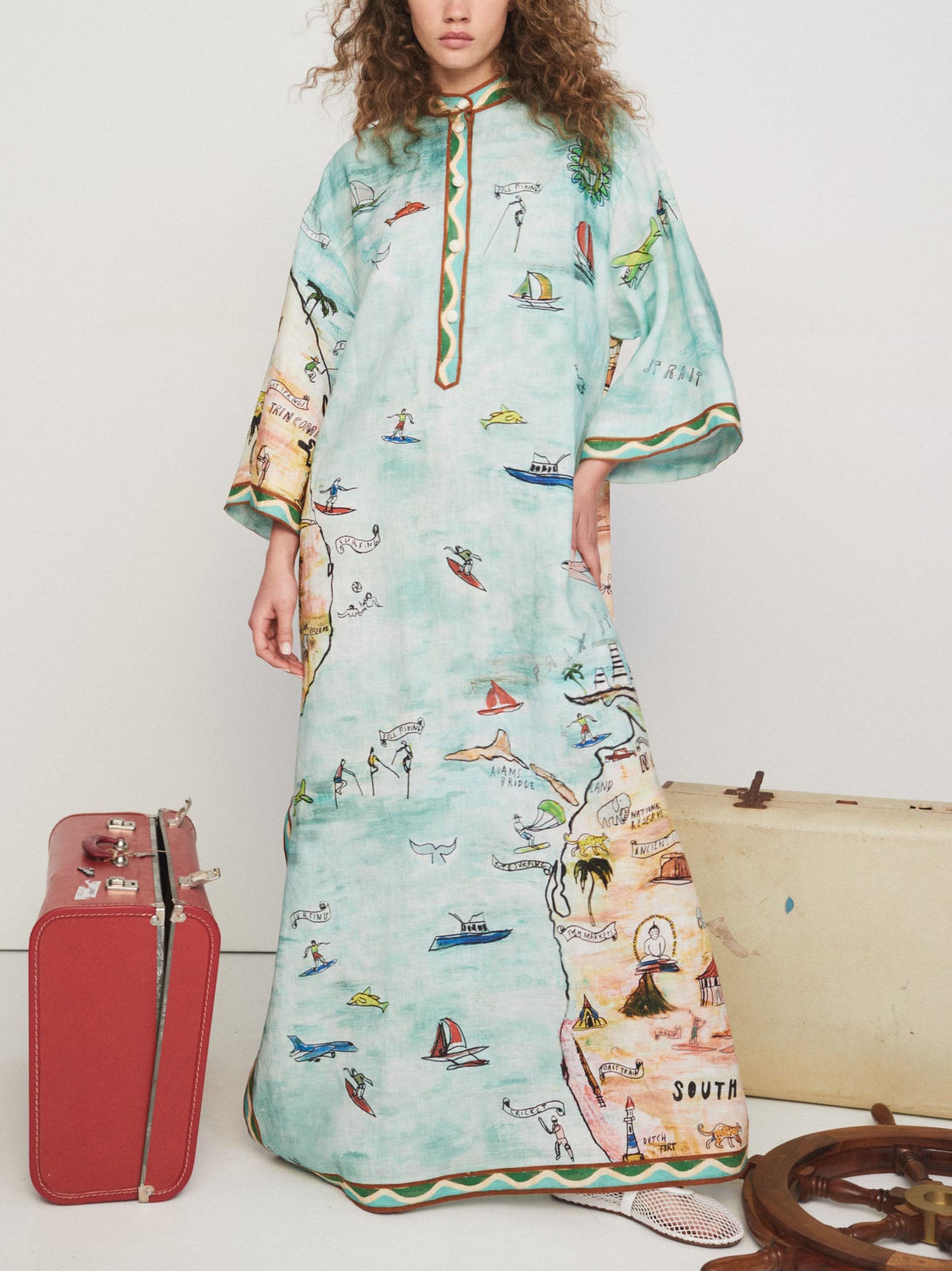 Modern Satin Art Island Print Slit Dress