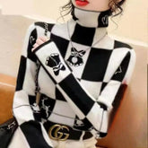 Plaid High Collar Knit Sweater