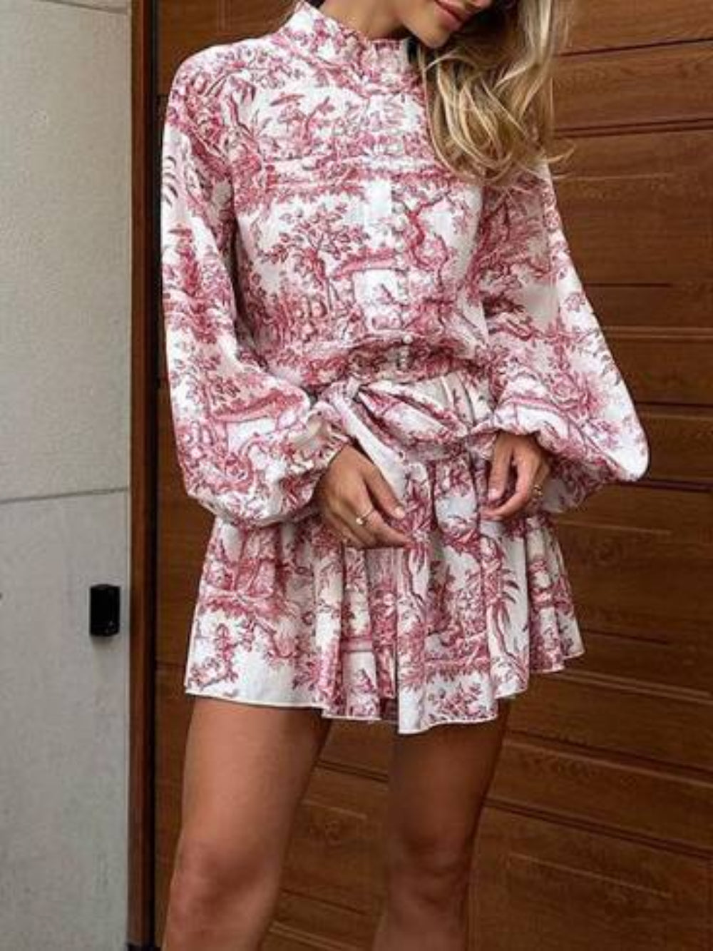 Printed Puff Sleeve Stand Collar Mini Dress