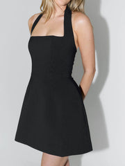 Halterneck Open-Back High-Waisted A-Line Mini Dress