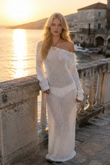 Round Neck Off-Shoulder Hollow Knitted Bodycon Maxi Dress