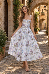 Rayon Printed Strap Pleated Chic Maxi Dress