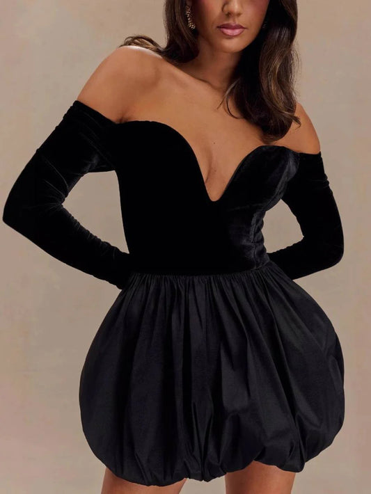Long Sleeve Sexy Deep V Puff Mini Dress