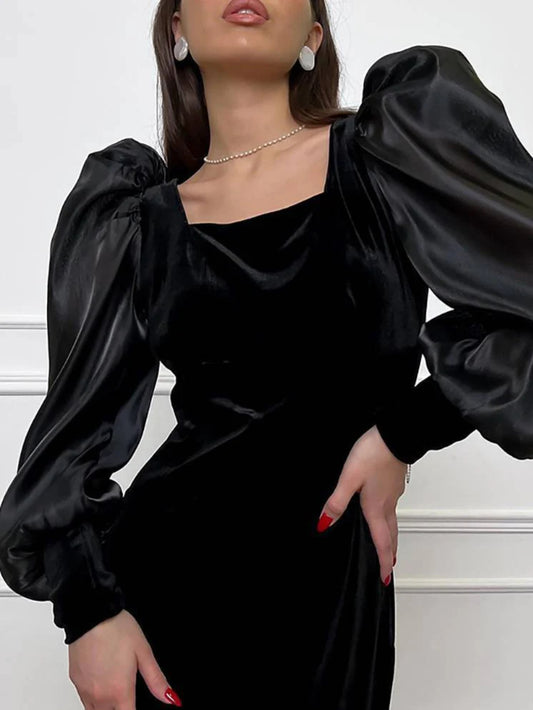 Square Neck Bubble Sleeve Front Slit Mini Dress