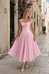 Soft Mesh Waist Flared Prom Dress