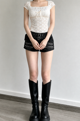Square Neck Lace Spliced Tie Slim Blouse