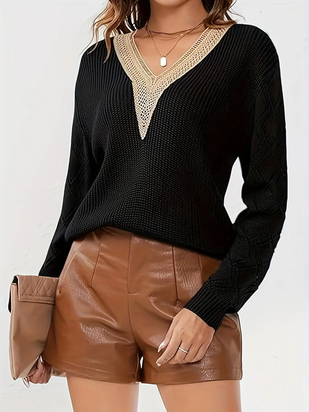 Solid V-Neck Hollow Out Knitted Sweater