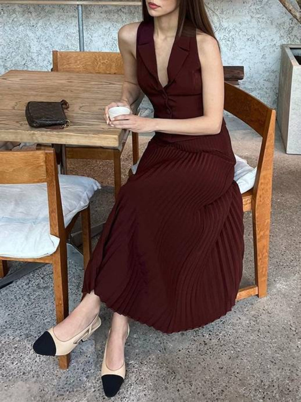 Suit Collar Vest Pleated Skirt Set