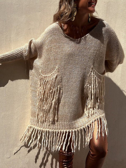 Loose Fit V-Neck Tassel Knit