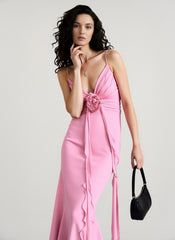 3D Rose Flowy Spaghetti Strap Backless Maxi Dress