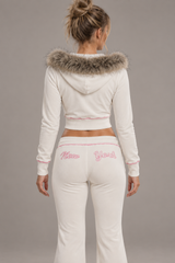 Fur Trim Velvet Crop Hoodie Pants Set