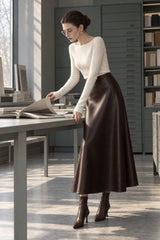 Pleated Faux Graceful Leather Midi Skirt