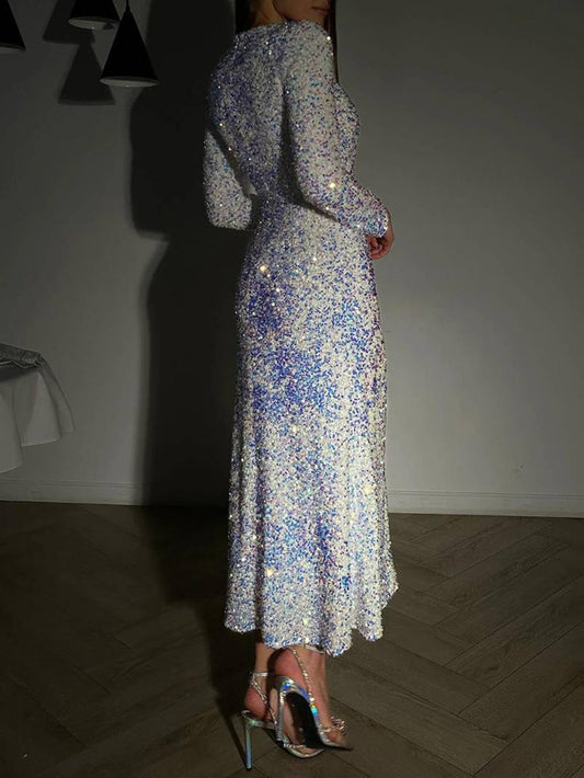 Velvet Sequin Fitted Fishtail Midi Dress