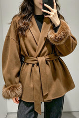 Fur Cuff Belted Wrap Coat