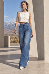 Washed Beaded High Waist Straight Leg Jeans