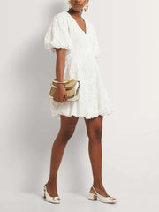 V-neck Embroidered Puff Sleeves Elegant Mini Dress