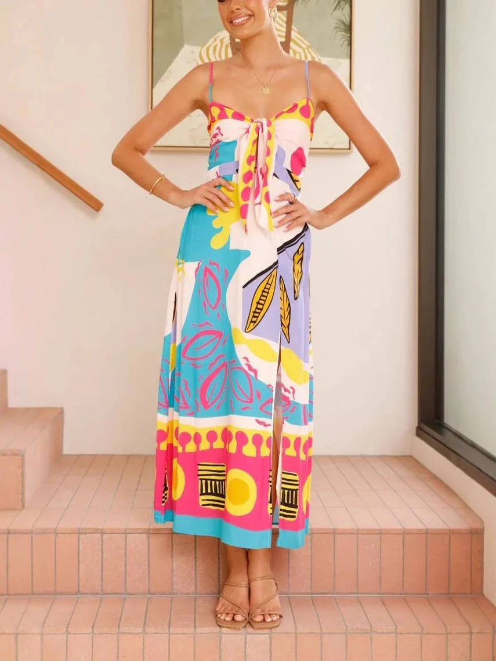 Bow Tie Sleeveless Slit Midi Dress