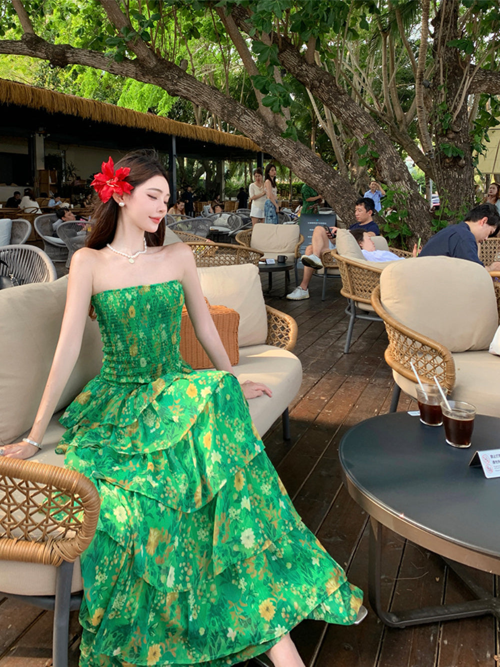 Strapless Layered Bandeau Floral Print Dress