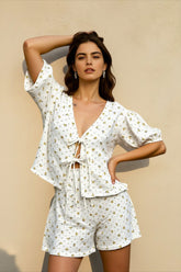 Cotton Printed Puff Sleeve Shorts Vacation Set