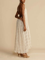 Charming Pleated Drawstring Waist Tiered Halterneck Dress