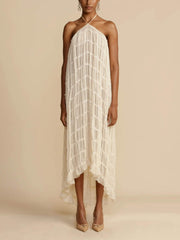 Charming Pleated Drawstring Waist Tiered Halterneck Dress