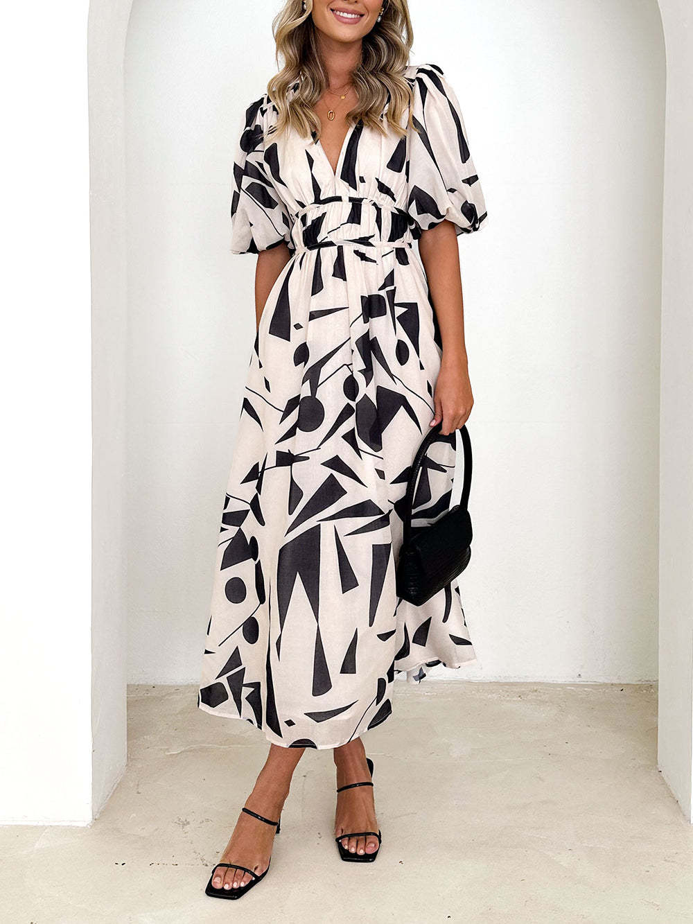 Beige Geometric Print Midi Dress