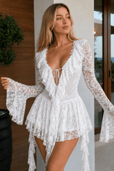 Lace Ruffle Tie Long Sleeve Mini Dress