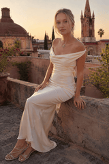 Satin Cowl Neck Backless Formal Dress