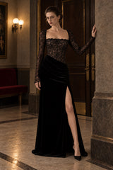 Lace Panel High Slit Long Sleeve Maxi Lace Dress