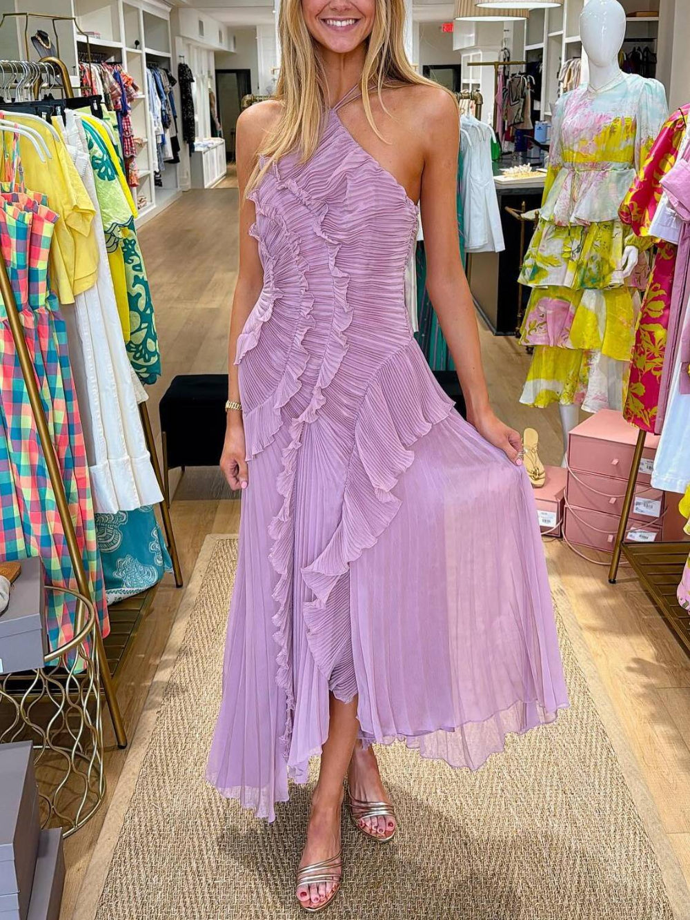 Ruffled Ruched Slimming Midi Dress
